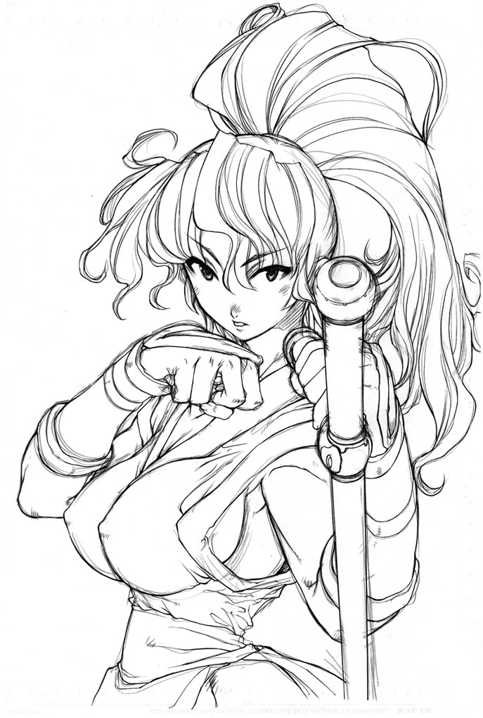 aruni, genryuusai maki, capcom, final fight, street fighter, 1girl, breasts, covered erect nipples, female focus, greyscale, large breasts, long hair, monochrome, nipples, ponytail, sideboob, simple background, solo, weapon