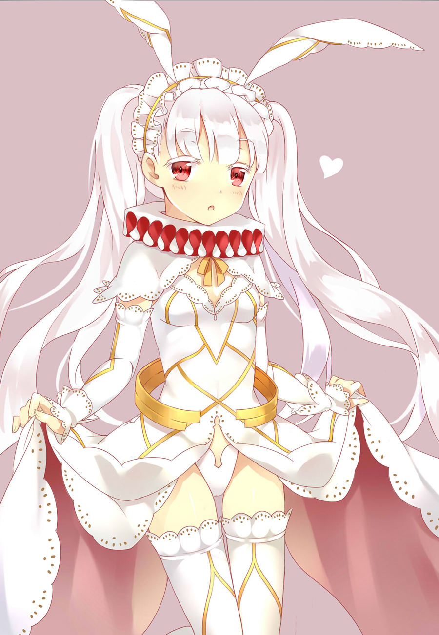 tot (zhxto), uasaha, kai-ri-sei million arthur, million arthur (series), highres, 1girl, animal ear hairband, animal ears, breasts, capelet, dress, fake animal ears, frilled hairband, frills, grey background, hairband, heart, long hair, neck ruff, panties, rabbit ear hairband, rabbit ears, red eyes, skirt hold, small breasts, solo, spoken heart, thighhighs, twintails, underwear, very long hair, white capelet, white dress, white hairband, white panties, white thighhighs