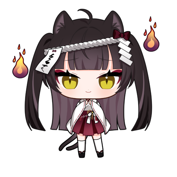 bond en, artist request, 1girl, ahoge, animal ears, ayame das, black hair, black shoes, bondlive, closed mouth, fire, full body, gradient hair, long hair, looking at viewer, makeup, multicolored hair, ofuda, okobo, platform sandals, pleated skirt, red skirt, sandals, shoes, skirt, smile, solo, tail, thighhighs, very long hair, virtual youtuber, white thighhighs, wide sleeves, yellow eyes