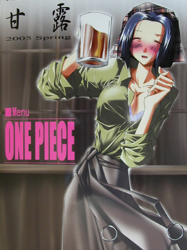 makino (one piece), one piece, lowres, 00s, 1girl, 2005, alcohol, bandana, bar (place), beer, blue hair, blush, breasts, cleavage, closed eyes, copyright name, cup, drunk, east blue, female focus, green shirt, large breasts, long skirt, mug, open collar, plaid bandanna, shirt, skirt, solo, standing