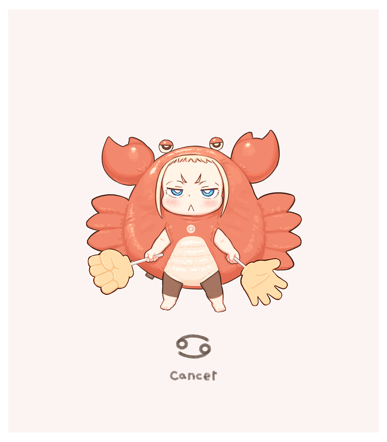 kozato (yu kozato), little blonde girl (kozato), original, highres, 1girl, :<, barefoot, blonde hair, blue eyes, blush, brown background, cancer (symbol), cancer (zodiac), chibi, closed mouth, crab costume, full body, holding, short eyebrows, simple background, solo, standing, thick eyebrows, v-shaped eyebrows, zodiac