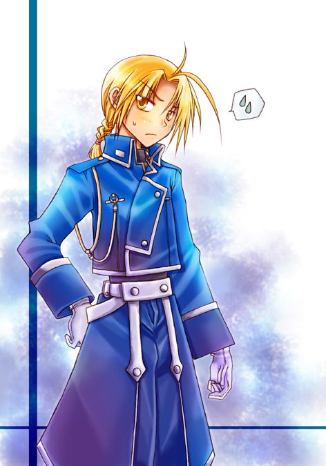 sasamoto juli, edward elric, fullmetal alchemist, 00s, 1boy, ahoge, alternate costume, blonde hair, braid, gloves, male focus, military, military uniform, single braid, solo, spoken sweatdrop, sweatdrop, yellow eyes