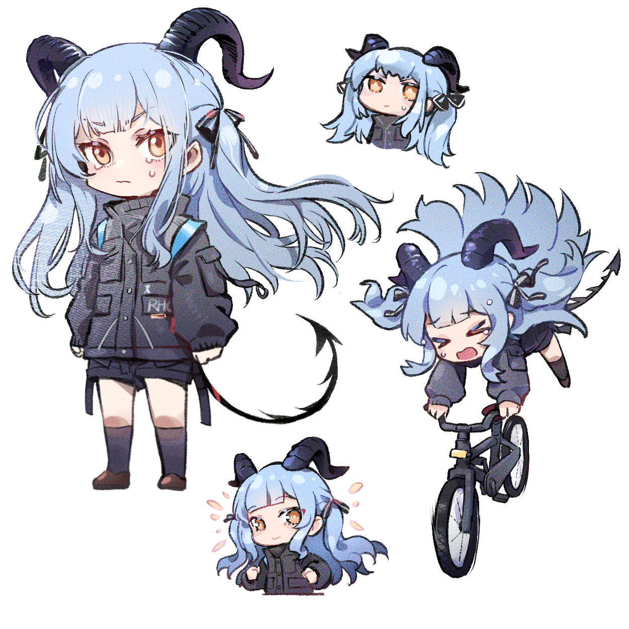 togawa sakiko, arknights, bang dream!, bang dream! it's mygo!!!!!, chinese commentary, commentary request, highres, > <, 1girl, bicycle, black jacket, black ribbon, black shorts, blue hair, curled horns, deformed, demon horns, demon tail, hair ribbon, horns, jacket, long hair, migangsanchong, multiple views, ribbon, riding, riding bicycle, shorts, simple background, tail, togawa sakiko (master of melodia), white background, yellow eyes