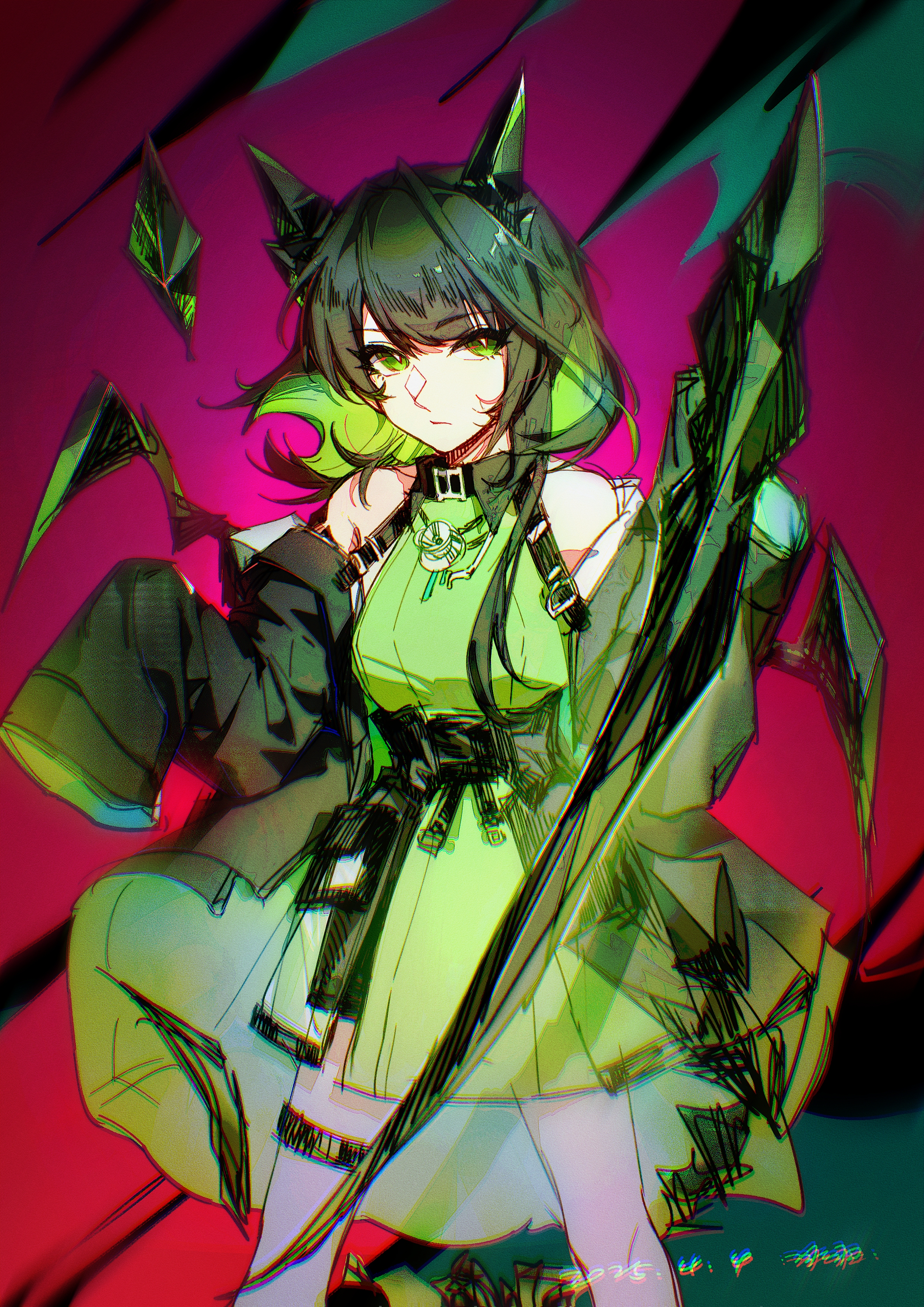 bingyu460, mon3tr (arknights), arknights, absurdres, chinese commentary, commentary request, highres, 1girl, bare shoulders, black hair, bright pupils, chromatic aberration, coat, colored inner hair, cowboy shot, crystal, dated, dress, green coat, green dress, green eyes, green hair, long hair, multicolored hair, off shoulder, pink background, red background, sleeveless, sleeveless dress, solo, standing, white pupils