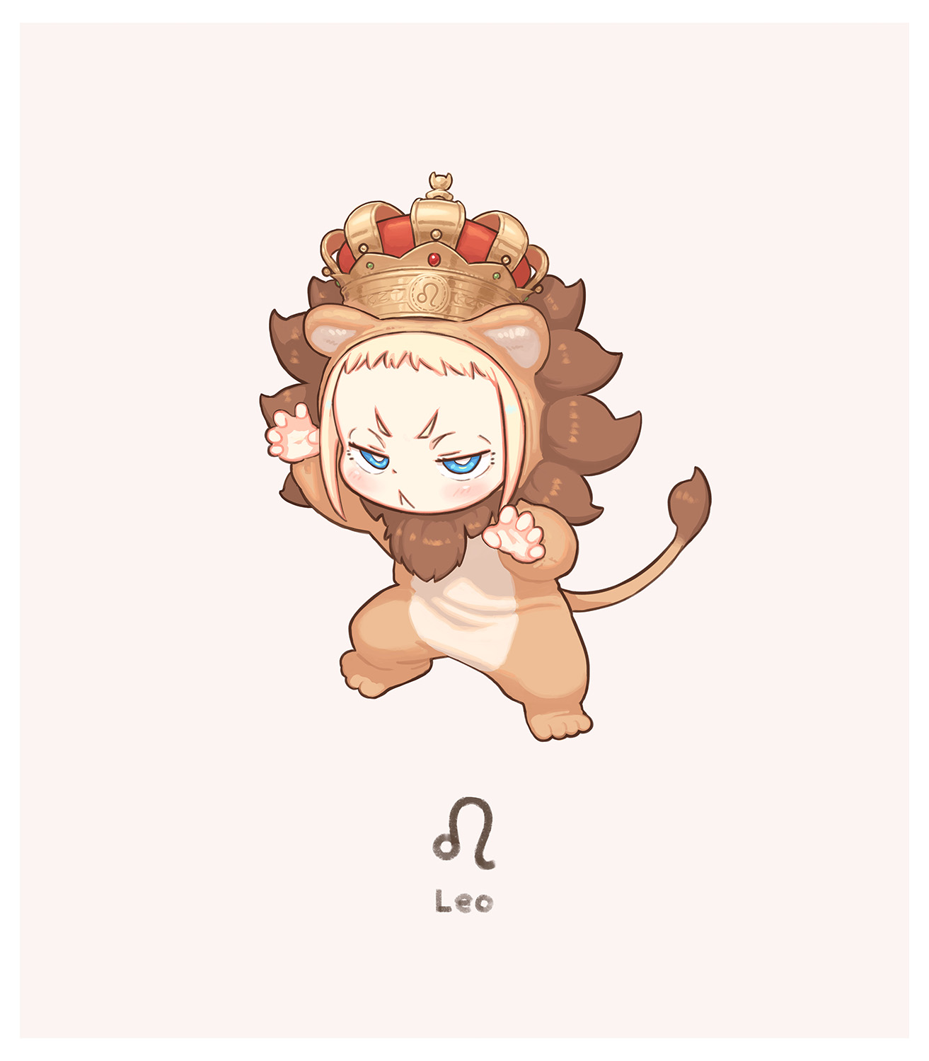 kozato (yu kozato), little blonde girl (kozato), original, commentary request, highres, 1girl, :<, animal costume, animal ears, arm up, blonde hair, blue eyes, blush, brown background, chibi, claw pose, closed mouth, crown, fake animal ears, fake tail, full body, hand up, hood, hood up, leo (symbol), leo (zodiac), lion costume, lion ears, lion tail, long sleeves, short eyebrows, simple background, solo, tail, thick eyebrows, v-shaped eyebrows, zodiac