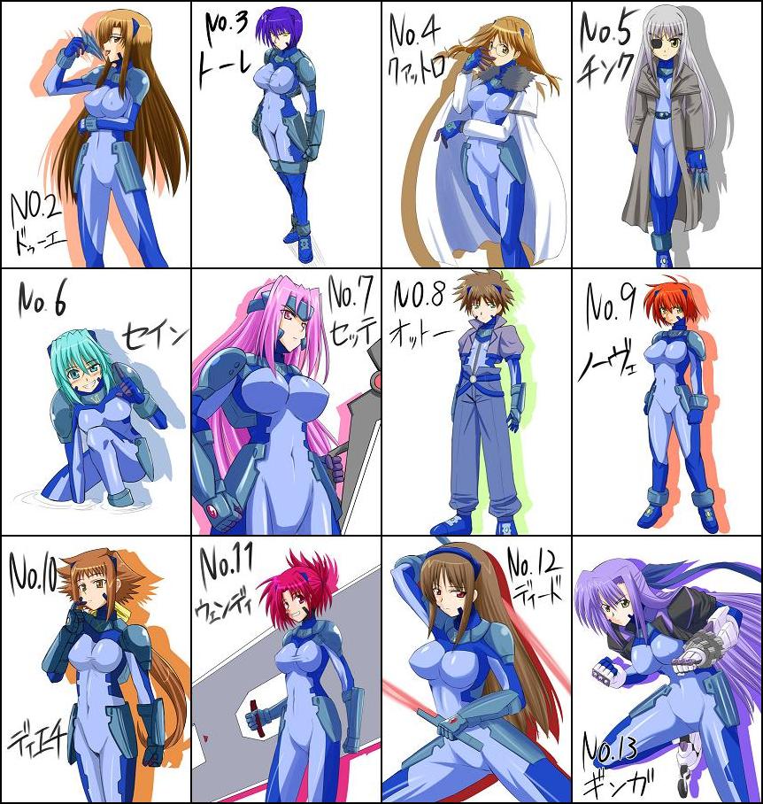 cinque (nanoha), deed (nanoha), dieci (nanoha), due (nanoha), ginga nakajima, nove (nanoha), numbers (nanoha), otto (nanoha), quattro (nanoha), revolver knuckle, sein (nanoha), sette (nanoha), tre (nanoha), uno (nanoha), wendi (nanoha), lyrical nanoha, mahou shoujo lyrical nanoha, mahou shoujo lyrical nanoha strikers, 00s, 6+girls, breasts, eyepatch, full body, glasses, multiple girls