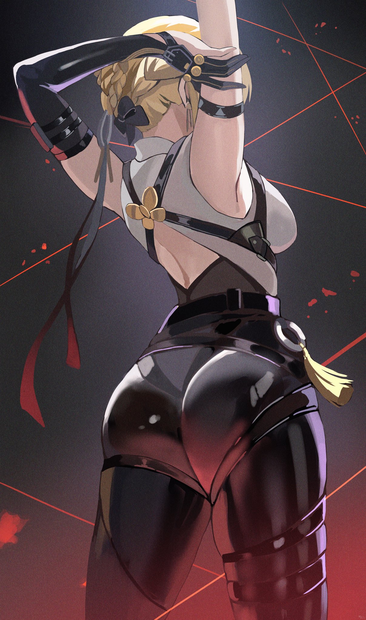 yato (yama0x1), evelyn chevalier, zenless zone zero, highres, 1girl, arm behind head, arms up, ass, black gloves, black pants, blonde hair, breasts, gloves, large breasts, pants, shirt, tight clothes, tight pants, white shirt
