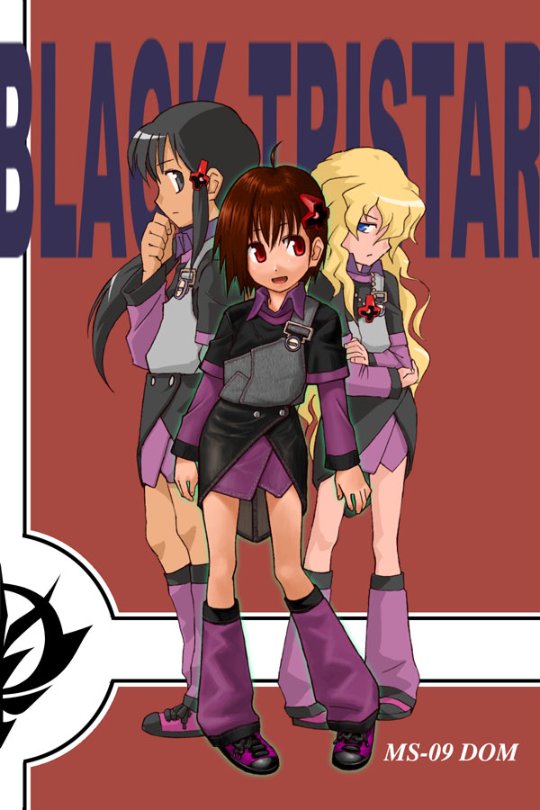 nier (l215), black tri-stars, dom (mobile suit), gundam, gundam seed, gundam seed destiny, mobile suit gundam, purple footwear, 00s, 3girls, belt, blonde hair, blue eyes, boots, brown eyes, brown hair, buttons, full body, hand on own chin, knee boots, long hair, long sleeves, mecha musume, multiple girls, profile, red background, short hair, shorts, sidelocks, simple background, standing, text focus