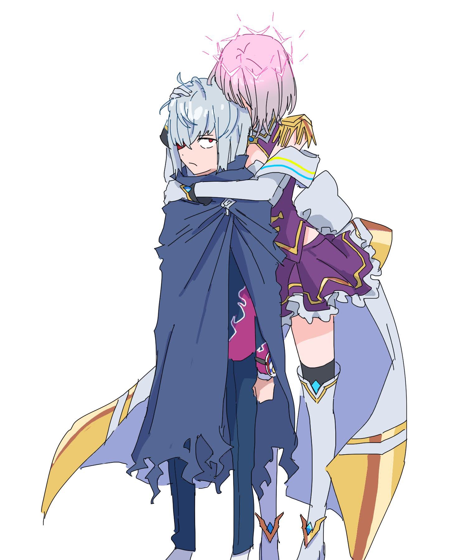 himagosan, anti (ssss.gridman), shinjou akane (new order), gridman universe, gridman universe (movie), highres, 1boy, 1girl, acceptor, boots, breasts, cape, cleavage, epaulettes, eyepatch, frilled skirt, frills, gloves, grey hair, hug, hug from behind, long sleeves, pants, purple hair, purple skirt, shirt, short hair, simple background, skirt, thighhighs, white background, white boots, white gloves