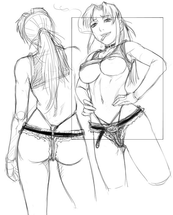 revy (black lagoon), black lagoon, 00s, 1girl, ass, breasts, cigarette, female focus, greyscale, large breasts, monochrome, nipples, panties, sketch, smoking, solo, thong, underboob, underwear, whale tail (clothing)
