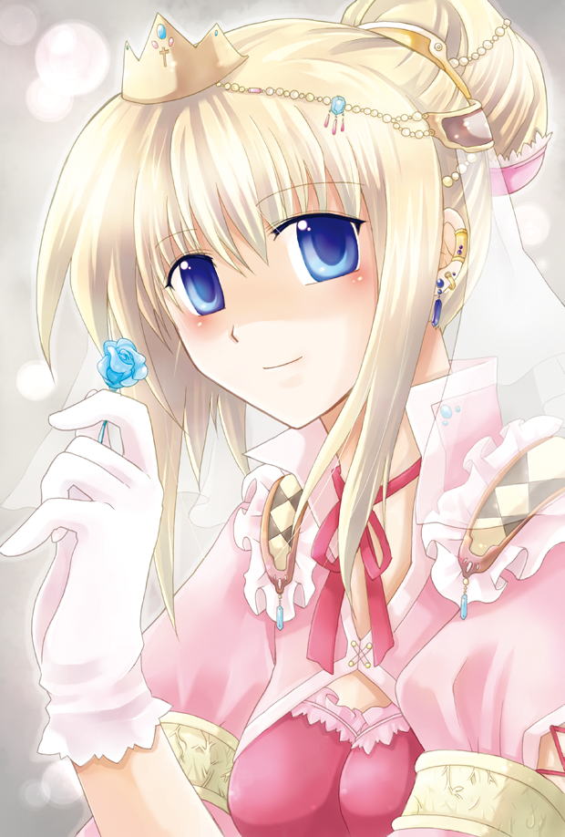 sasamoto juli, original, 1girl, blonde hair, blue eyes, blue flower, blue rose, breasts, crown, earrings, female focus, flower, gloves, hair ornament, hat, jewelry, looking at viewer, princess, rose, smile, solo