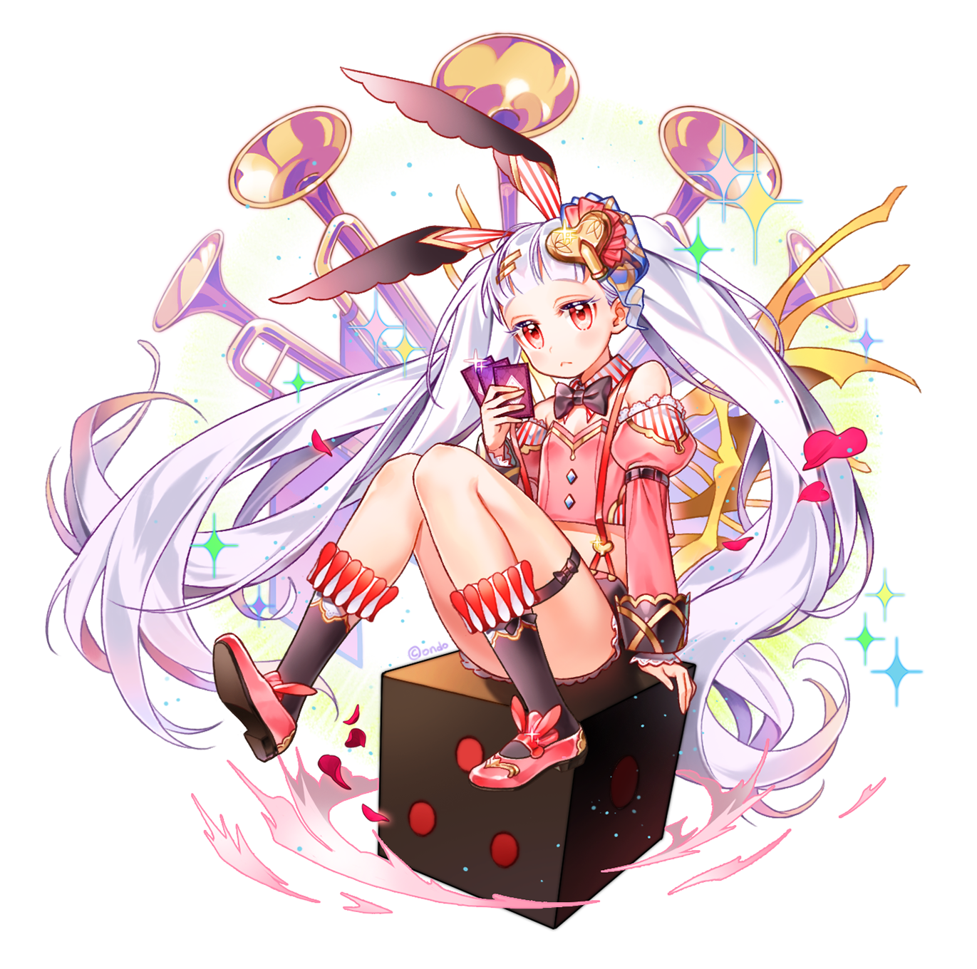 ondo (shinm02), uasaha, kai-ri-sei million arthur, million arthur (series), highres, 1girl, animal ear hairband, animal ears, black socks, brown ribbon, brown shorts, card, detached sleeves, dice, fake animal ears, hair ornament, hairband, holding, holding card, instrument, long hair, neck ribbon, off-shoulder shirt, off shoulder, pink shirt, pink shoes, pink sleeves, rabbit ear hairband, rabbit ears, red eyes, ribbon, shirt, shoes, shorts, sitting, socks, solo, suspenders, trumpet, twintails, very long hair, white hair