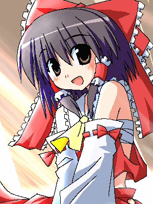 hoshi umi, hakurei reimu, touhou, lowres, 1girl, ascot, bandages, black hair, blush, bow, brown eyes, collar, detached sleeves, female focus, hair bow, long sleeves, red bow, sarashi, short hair, sidelocks, solo, wide sleeves