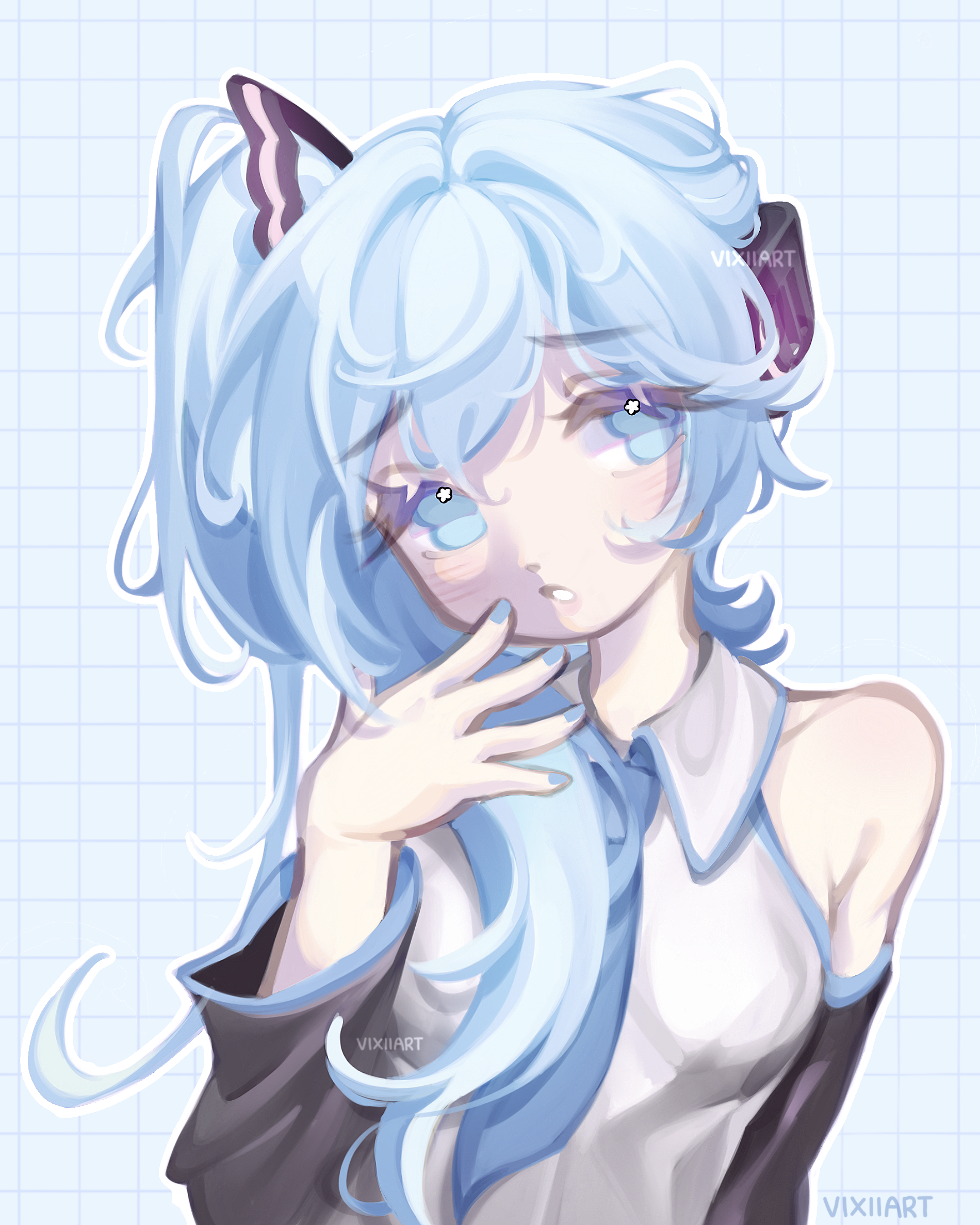 hatsune miku, vocaloid, highres, image sample, reddit sample, 1girl, black sleeves, blue background, blue eyes, blue hair, blue nails, blue necktie, blue trim, collared shirt, detached sleeves, double-parted bangs, downturned eyes, grey shirt, grid background, hair tie, headphones, light blush, long hair, long sleeves, meme, necktie, pale skin, pastel colors, ponytail, raised inner eyebrows, shirt, side ponytail, sidetail miku noodle stopper (meme), upper body, vixiiart, watermark