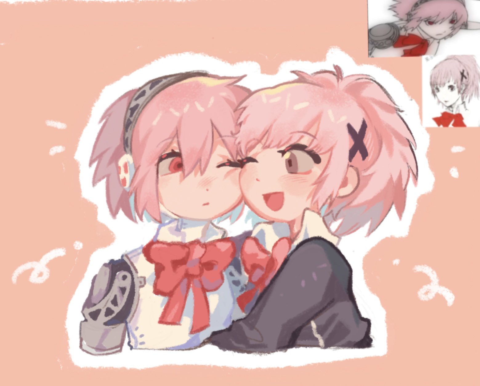 aigis (persona), shiomi kotone, persona, persona 3, persona 3 portable, commentary request, highres, korean commentary, 2girls, alternate hair color, android, blush, bow, bowtie, brown eyes, cheek-to-cheek, closed mouth, cropped torso, gekkoukan high school uniform, hair ornament, heads together, joints, looking at another, multiple girls, one eye closed, open mouth, pink background, pink hair, red bow, red bowtie, red eyes, reference inset, robot joints, school uniform, short hair, simple background, smile, upper body, x hair ornament, xikq0py, yuri