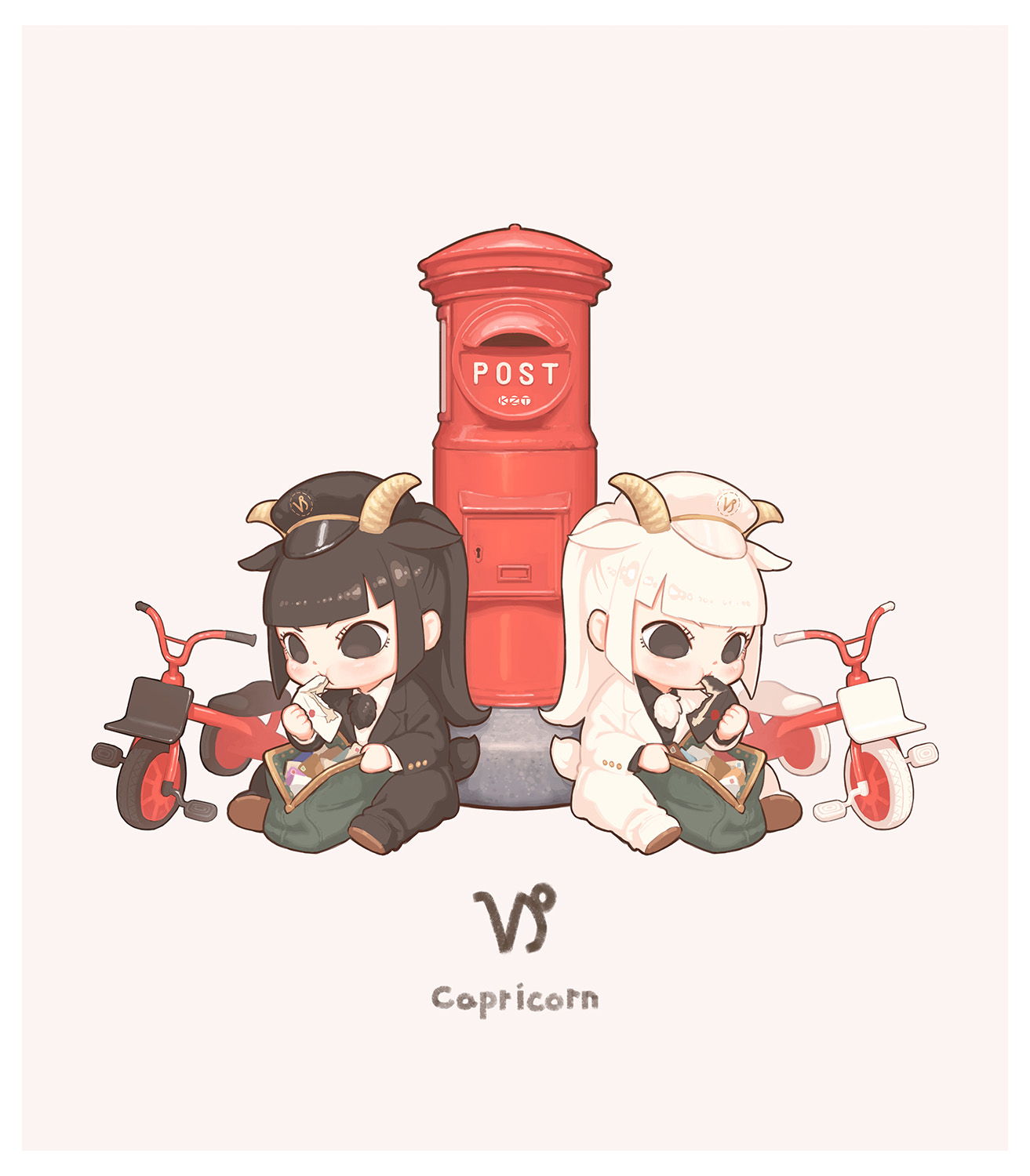kozato (yu kozato), original, highres, 2girls, animal ears, black hair, black hat, black jacket, black pants, black shirt, black shoes, brown background, capricorn (symbol), capricorn (zodiac), chibi, eating, goat ears, goat girl, goat horns, goat tail, hat, horns, jacket, kemonomimi mode, long hair, multiple girls, pants, peaked cap, ponytail, postbox (outgoing mail), shirt, shoes, simple background, sitting, tricycle, very long hair, white hair, white hat, white jacket, white pants, white shirt, white shoes, zodiac