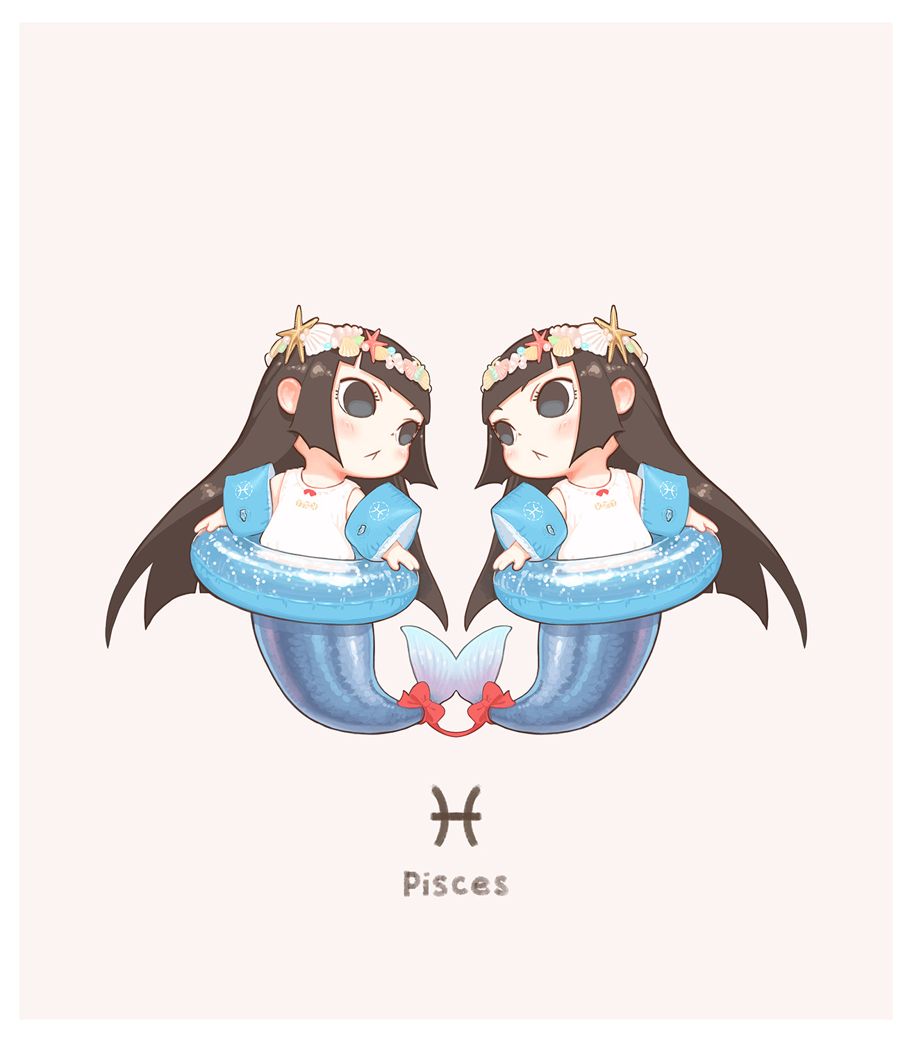kozato (yu kozato), original, highres, :<, bare shoulders, black hair, blush, brown background, chibi, closed mouth, dress, grey eyes, inflatable armbands, innertube, long hair, mermaid, monster girl, monsterification, pisces (symbol), pisces (zodiac), seashell, shell, siblings, simple background, sisters, sleeveless, sleeveless dress, starfish, swim ring, twins, very long hair, white dress, zodiac