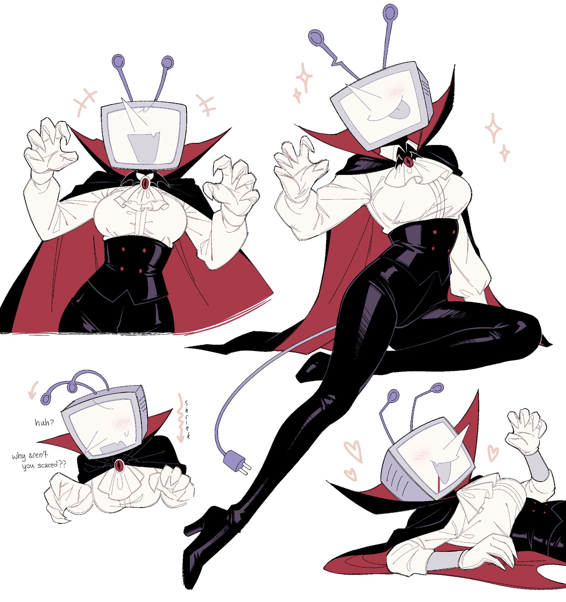 ant tenna, deltarune, utdr (toby fox), commentary, english commentary, highres, +++, 1girl, alternate costume, ascot, black cape, black corset, black pants, black shoes, blush, breasts, brooch, cape, claw pose, claws, closed mouth, corset, crt, english text, fang, frilled ascot, frills, genderswap, genderswap (mtf), gloves, heart, high heels, jewelry, long nose, long sleeves, lying, medium breasts, multiple views, object head, open mouth, pants, pointy nose, radio antenna, red cape, shirt, shoes, simple background, skin fang, smile, sparkle, sweatdrop, tongue, tongue out, underbust, vampire costume, wav3rr, white ascot, white background, white gloves, white shirt