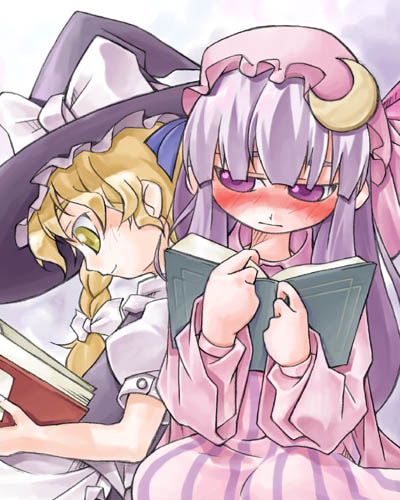 nyagakiya, kirisame marisa, patchouli knowledge, touhou, lowres, 2girls, blonde hair, blush, book, female focus, hat, multiple girls, witch hat