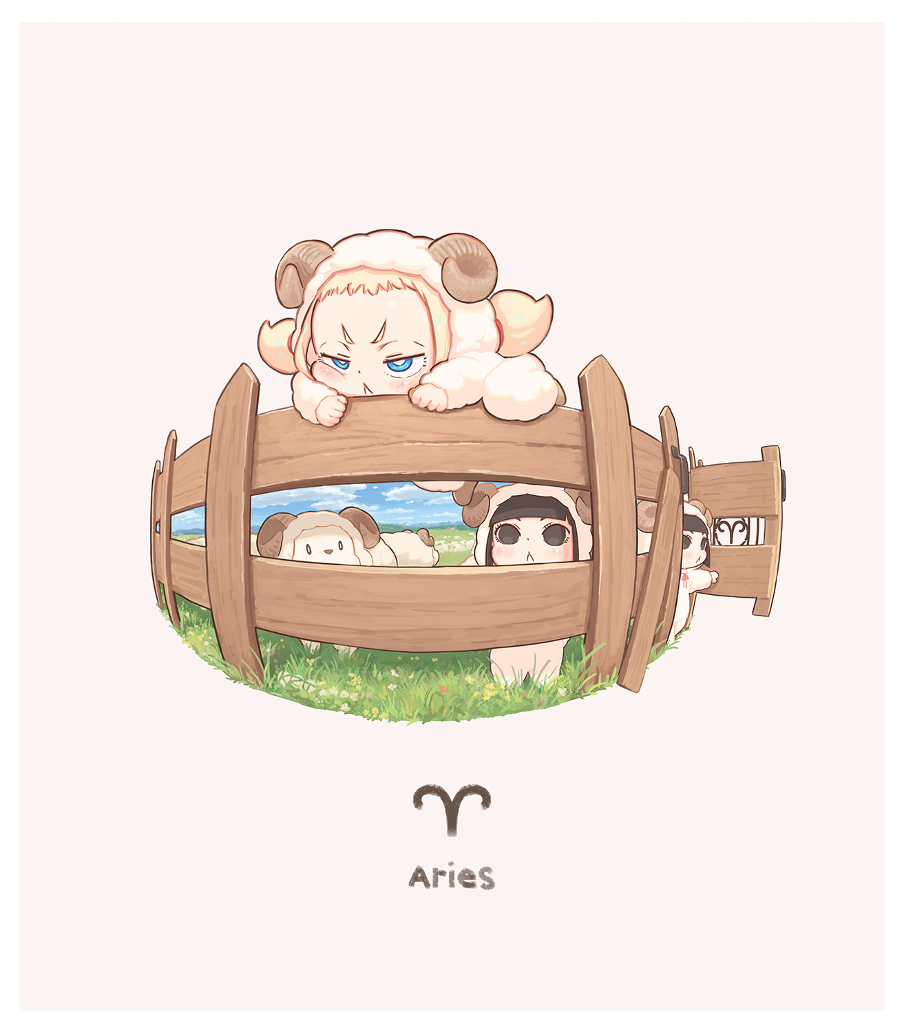 kozato (yu kozato), little blonde girl (kozato), original, commentary request, highres, 3girls, :<, animal, animal costume, aries (symbol), aries (zodiac), blonde hair, blue eyes, blush, brown background, chibi, climbing, closed mouth, fake horns, fence, grass, horns, multiple girls, sheep, sheep costume, sheep horns, short eyebrows, siblings, simple background, sisters, thick eyebrows, twins, twintails, v-shaped eyebrows, zodiac