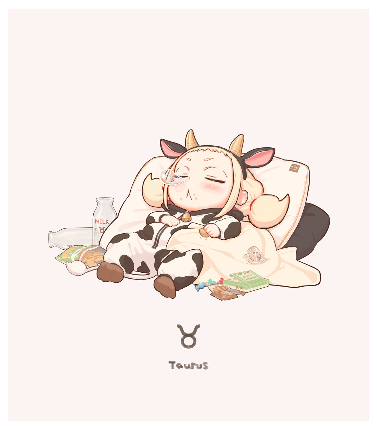 kozato (yu kozato), little blonde girl (kozato), original, highres, 1girl, :<, animal costume, animal ears, bell, black hairband, blush, bottle, brown background, brown socks, chibi, closed eyes, closed mouth, cow costume, cow ears, cow horns, facing viewer, fake animal ears, fake horns, food, food on face, hairband, hood, hood down, horns, milk bottle, neck bell, no shoes, nose bubble, onesie, pillow, simple background, sleeping, socks, solo, taurus (symbol), taurus (zodiac), zodiac