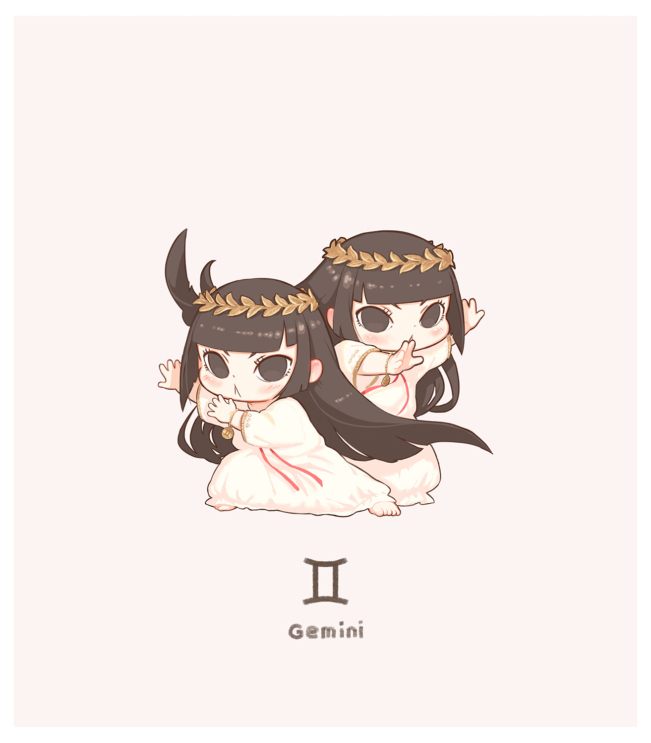 kozato (yu kozato), original, highres, 2girls, :<, barefoot, black eyes, black hair, brown background, chibi, closed mouth, dress, gemini (symbol), gemini (zodiac), laurel crown, long hair, long sleeves, medallion, multiple girls, siblings, simple background, sisters, standing, twins, very long hair, white dress, zodiac