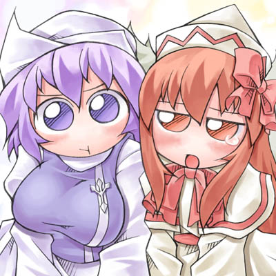 nyagakiya, letty whiterock, lily white, touhou, lowres, 2girls, :t, blue dress, bow, bowtie, breasts, capelet, dress, female focus, frills, hair bow, hat, large breasts, long sleeves, looking at viewer, mob cap, multiple girls, pout, purple eyes, purple hair, red bow, red bowtie, short hair, simple background, tate eboshi, white background, white dress