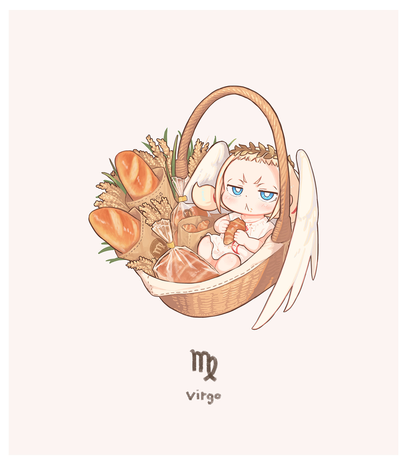 kozato (yu kozato), little blonde girl (kozato), original, highres, 1girl, :<, baguette, basket, blonde hair, blue eyes, blush, bread, brown background, chibi, closed mouth, feathered wings, food, holding, holding food, in basket, in container, laurel crown, looking at viewer, mini person, minigirl, short eyebrows, simple background, solo, thick eyebrows, twintails, v-shaped eyebrows, virgo (symbol), virgo (zodiac), white wings, wings, zodiac