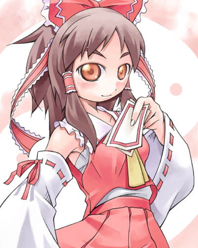 nyagakiya, hakurei reimu, touhou, lowres, 1girl, ascot, blush, bow, brown hair, detached sleeves, female focus, hair bow, long sleeves, orange eyes, pleated skirt, ponytail, red bow, red skirt, simple background, skirt, smile, solo, vest, white background, wide sleeves