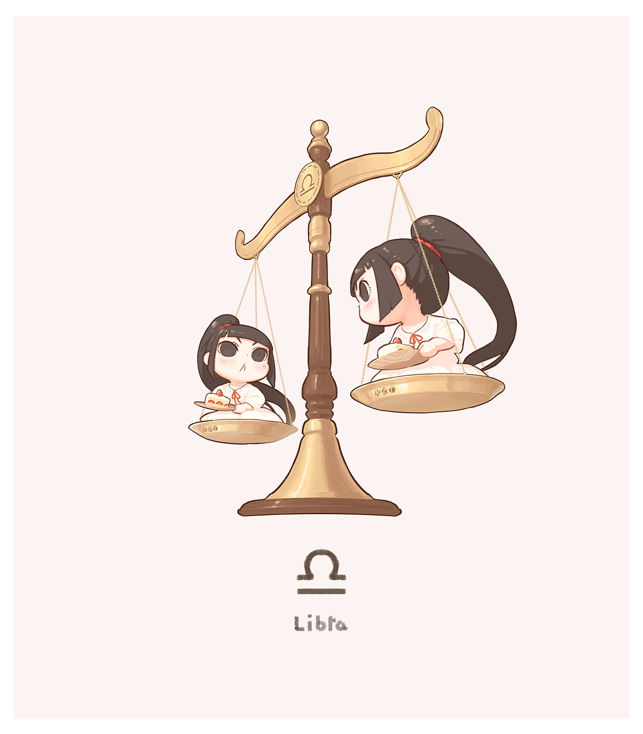kozato (yu kozato), original, highres, 2girls, :<, balance scale, black eyes, black hair, brown background, cake, cake slice, chibi, closed mouth, dress, food, holding, holding plate, libra (symbol), libra (zodiac), long sleeves, multiple girls, neck ribbon, plate, ponytail, red ribbon, ribbon, siblings, simple background, sisters, twins, v-shaped eyebrows, weighing scale, white dress, zodiac