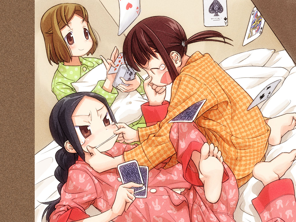 nagatsuki misoka, kajii motoko, nakahara chiya, tayama hana, home room, 3girls, angry, barefoot, bed, card, cheek pinching, closed eyes, dutch angle, feet, floating card, holding, holding card, hugging object, multiple girls, nose pinch, pajamas, pillow, pillow hug, pinching, playing card, smile, tears, toes