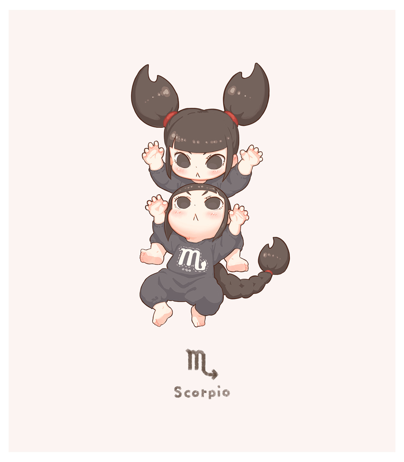 kozato (yu kozato), original, highres, 2girls, :<, arms up, barefoot, black eyes, black hair, braid, brown background, chibi, closed mouth, long hair, long sleeves, multiple girls, onesie, scorpio (symbol), scorpio (zodiac), siblings, simple background, single braid, sisters, twins, twintails, v-shaped eyebrows, very long hair, zodiac