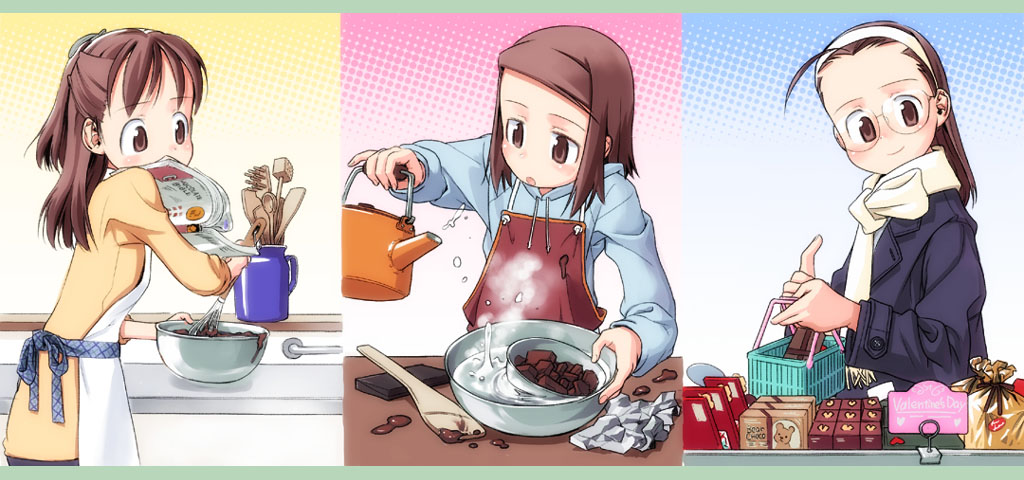 nagatsuki misoka, 3girls, apron, blue background, blush, book, brown eyes, brown hair, chocolate, chocolate making, cooking, english text, glasses, gradient background, hairband, halftone, halftone background, heart, kettle, mixing bowl, mouth hold, multiple girls, pink background, scarf, shopping, smile, spatula, valentine, whisk, yellow background