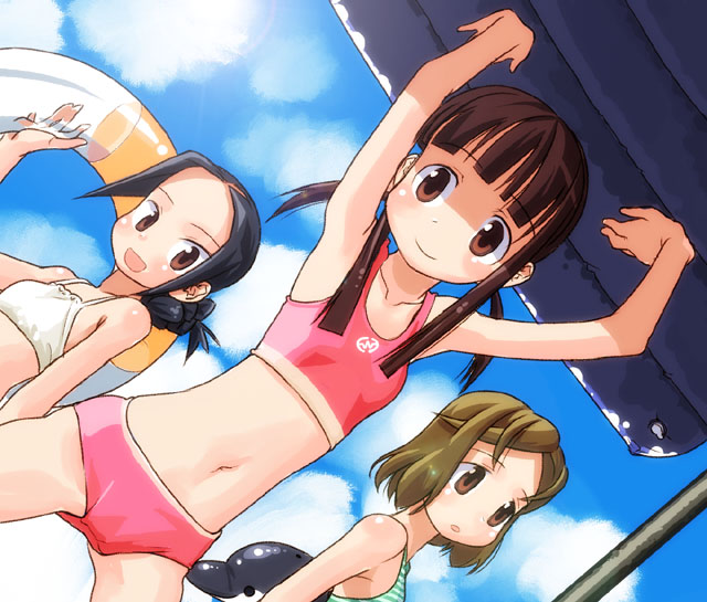 nagatsuki misoka, kajii motoko, home room, 3girls, arms up, beach, bikini, black hair, brown eyes, brown hair, cloud, day, innertube, loli, long hair, midriff, multiple girls, outdoors, raft, short hair, sky, striped bikini, striped clothes, swim ring, swimsuit