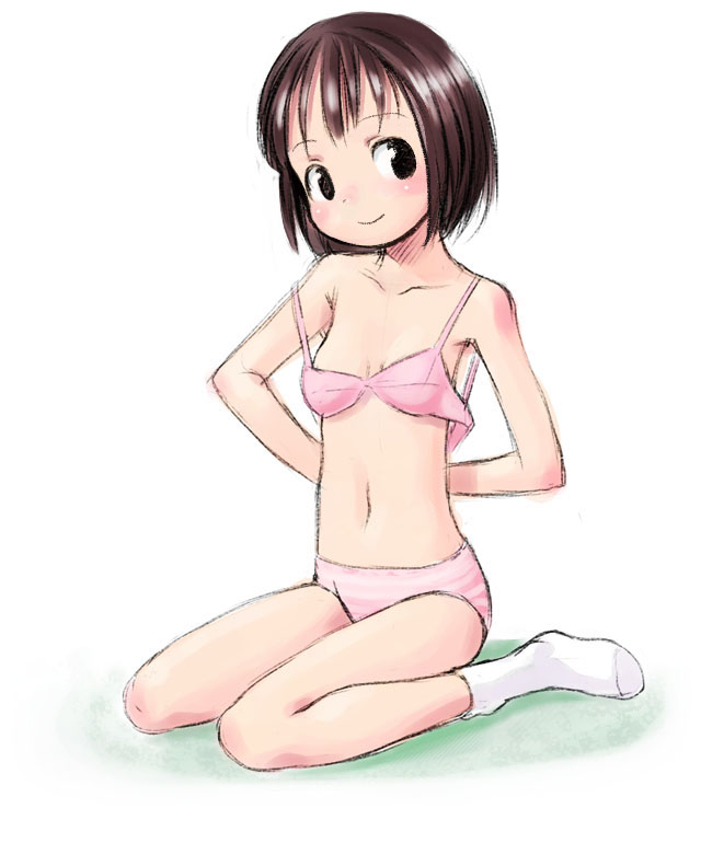 nagatsuki misoka, 1girl, blush, bra, breasts, brown eyes, brown hair, collarbone, female focus, loli, looking at viewer, navel, panties, pink bra, pink panties, short hair, sketch, small breasts, smile, socks, solo, striped clothes, striped panties, underwear, underwear only, undressing, white background, white socks