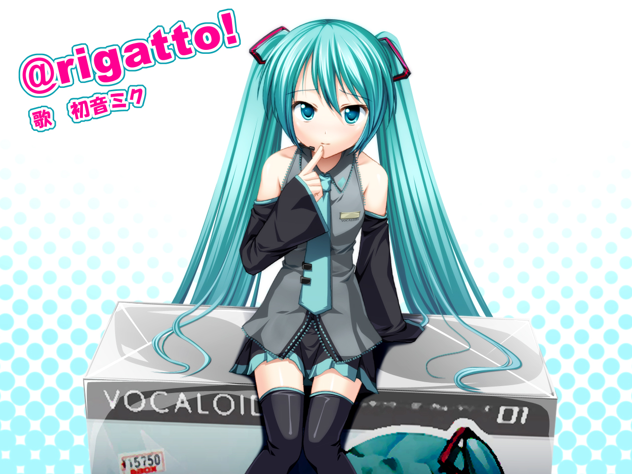 totokichi, hatsune miku, vocaloid, 1girl, aqua necktie, blouse, blush, character name, collared shirt, female focus, frilled shirt, frills, gradient background, green hair, grey shirt, hair between eyes, knees together feet apart, long hair, necktie, shirt, sitting, sleeveless, sleeveless shirt, solo, song name, thighhighs, twintails, very long hair, white background, zettai ryouiki