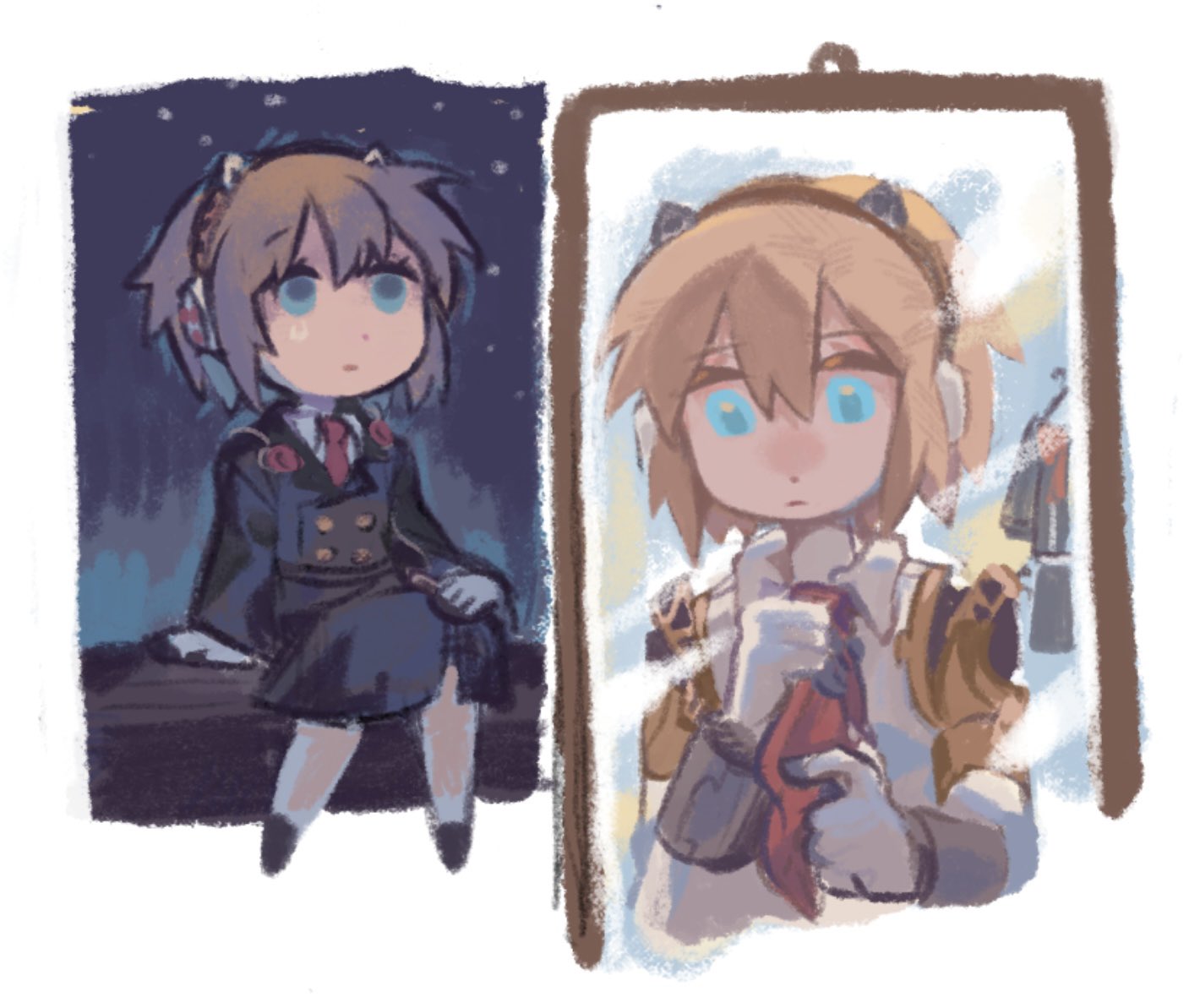 aigis (persona), persona, persona 3, persona 3 portable, commentary request, korean commentary, 1girl, adjusting clothes, adjusting necktie, android, black jacket, black skirt, blonde hair, blue eyes, closed mouth, full body, gekkoukan high school uniform, jacket, joints, long sleeves, looking down, looking up, mirror, multiple views, necktie, night, robot joints, school uniform, short hair, simple background, sitting, skirt, upper body, white background, xikq0py