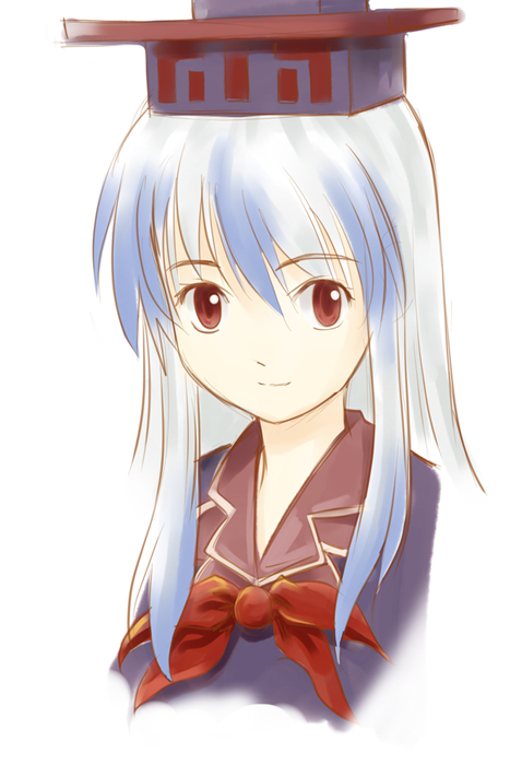 haniwa, haniwa (leaf garden), kamishirasawa keine, touhou, kerchief, silver hair, 1girl, closed mouth, collar, female focus, hat, portrait, red eyes, red ribbon, ribbon, sidelocks, simple background, smile, solo, tate eboshi, upper body, white background