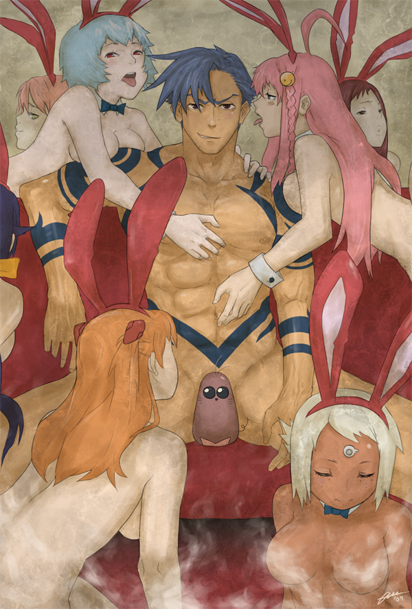 andou mahoro, ayanami rei, boota (ttgl), haruhara haruko, kamina (ttgl), lal'c mellk mal, nono (top wo nerae 2!), samejima mamimi, souryuu asuka langley, flcl, gainax, mahoromatic, neon genesis evangelion, tengen toppa gurren lagann, top wo nerae! (series), top wo nerae 2!, 00s, 1boy, 6+girls, ahoge, animal ears, blue hair, blush, bow, braid, breast press, breasts, casual nudity, censored, choker, closed eyes, company connection, convenient censoring, couch, crossover, dark-skinned female, dark-skinned male, dark skin, hair ornament, harem, large breasts, long hair, manly, medium breasts, multiple girls, muscular, no nipples, nude, orange hair, pimp, pink hair, rabbit ears, red eyes, red hair, short hair, sideboob, sitting, tattoo, tongue, white hair