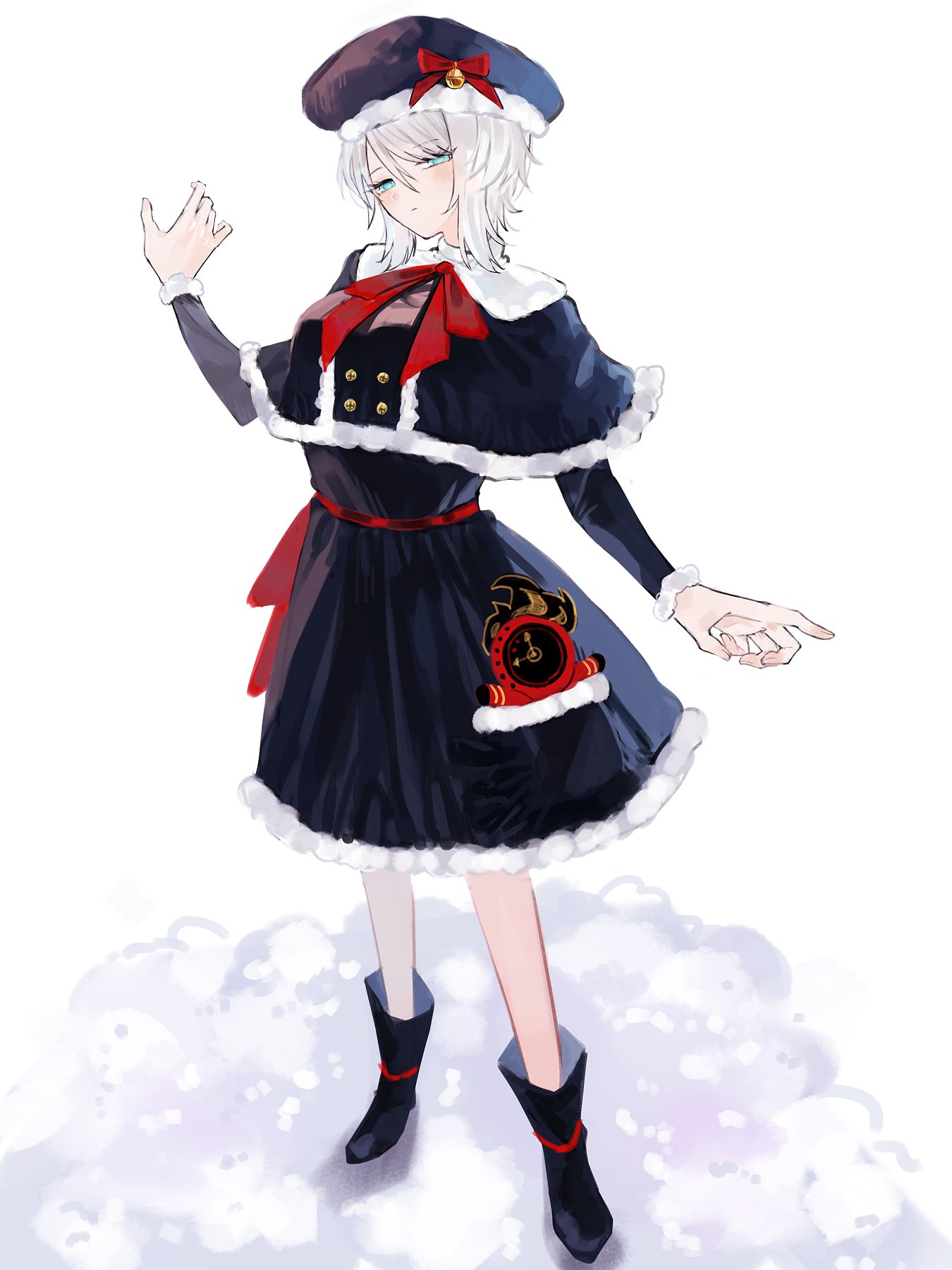 starhoshi, dante (limbus company), faust (project moon), limbus company, project moon, highres, 1girl, alternate costume, bell, beret, black capelet, black dress, black hat, black shoes, blue eyes, bow, bowtie, capelet, character doll, clock, closed mouth, doll, dress, flaming head, full body, fur trim, hat, jingle bell, long sleeves, looking at viewer, object head, red bow, red bowtie, red ribbon, ribbon, shoes, short hair, simple background, snow, solo, standing, white background, white hair