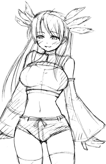 phantasy star, phantasy star universe, 1girl, bare shoulders, crop top, cutoffs, denim, denim shorts, detached sleeves, female focus, greyscale, happy, light smile, long hair, long sleeves, midriff, monochrome, navel, short shorts, shorts, simple background, sketch, solo, standing, thighhighs, white background, wide sleeves