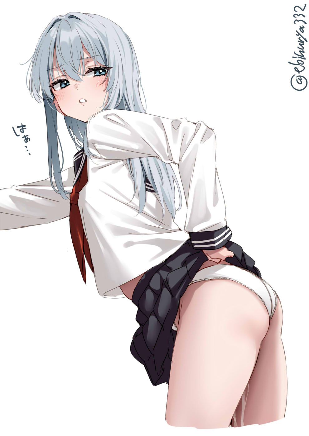 ebifurya, hibiki (kancolle), kantai collection, commentary request, hashtag-only commentary, highres, 1girl, artist name, ass, bent over, black skirt, blue eyes, blush, clothes lift, cum, cum on body, cum on legs, cumdrip, cumdrip through panties, from side, grey hair, hair between eyes, long hair, long sleeves, neckerchief, one-hour drawing challenge, panties, red neckerchief, shirt, simple background, skirt, skirt lift, solo, suggestive fluid, thighs, twitter username, underwear, white background, white panties, white shirt