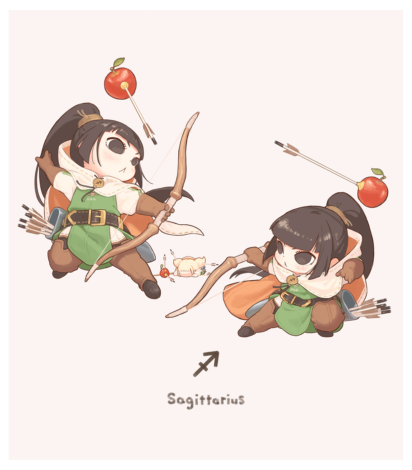kozato (yu kozato), little blonde girl (kozato), original, commentary request, highres, 3girls, apple, arrow (symbol), belt, belt buckle, black belt, black boots, black eyes, black hair, blonde hair, boots, bow (weapon), brown background, buckle, chibi, cloak, detached pants, food, fruit, holding, holding bow (weapon), holding weapon, hood, hood down, hooded cloak, long hair, multiple girls, ponytail, puffy short sleeves, puffy sleeves, quiver, sagittarius (symbol), sagittarius (zodiac), shirt, short sleeves, siblings, simple background, sisters, suction-cup arrow, tunic, twins, very long hair, weapon, white cloak, white shirt, william tell (legend), zodiac