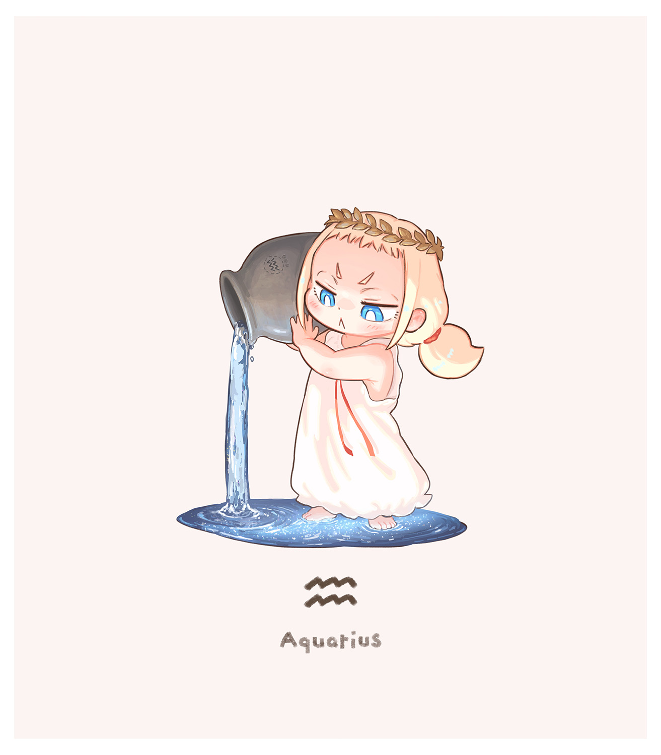 kozato (yu kozato), little blonde girl (kozato), original, highres, 1girl, :<, aquarius (symbol), aquarius (zodiac), bare arms, bare shoulders, barefoot, blonde hair, blue eyes, brown background, chibi, closed mouth, dress, holding, laurel crown, pouring, shallow water, short eyebrows, simple background, sleeveless, sleeveless dress, solo, standing, thick eyebrows, twintails, v-shaped eyebrows, water, white dress, zodiac