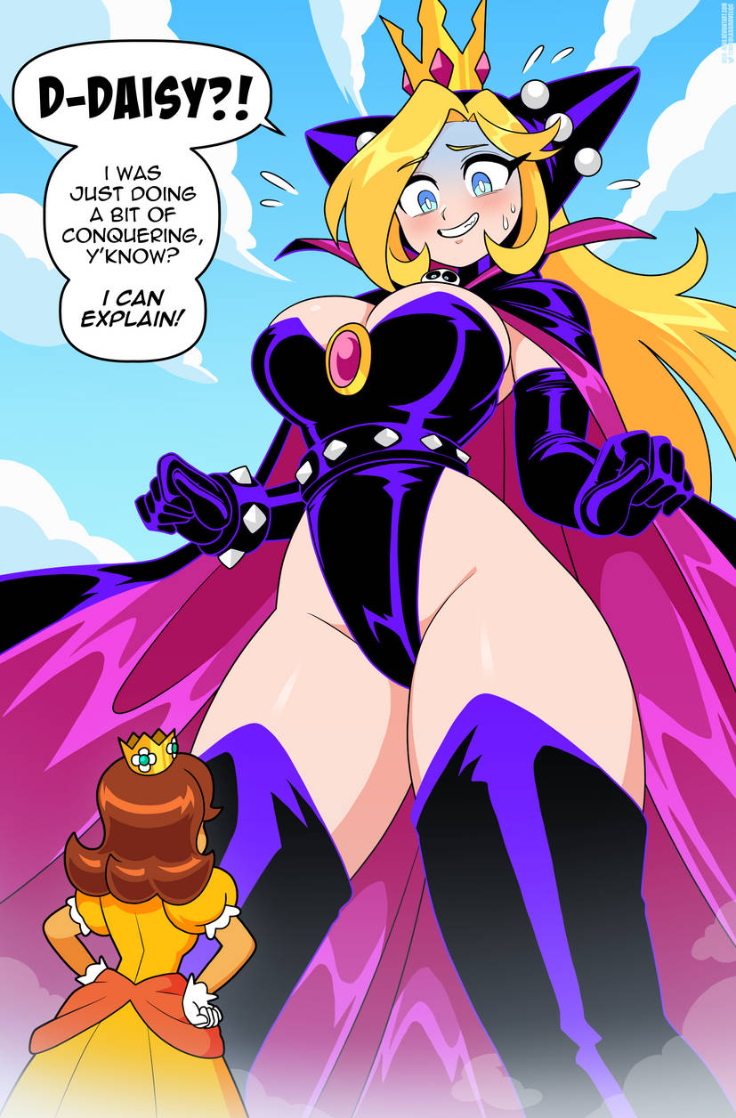nico-neko, princess daisy, warupeach, mario (series), nintendo, highres, non-web source, black dress, black gloves, blonde hair, blue eyes, blush, boots, bracelet, breasts, brown hair, cloud, crown, dress, earrings, elbow gloves, flipped hair, flower earrings, gem, gloves, hood, hooded dress, jewelry, long hair, looking at viewer, mini crown, multiple girls, open mouth, purple gloves, short sleeves, smile, spiked bracelet, spikes, white gloves