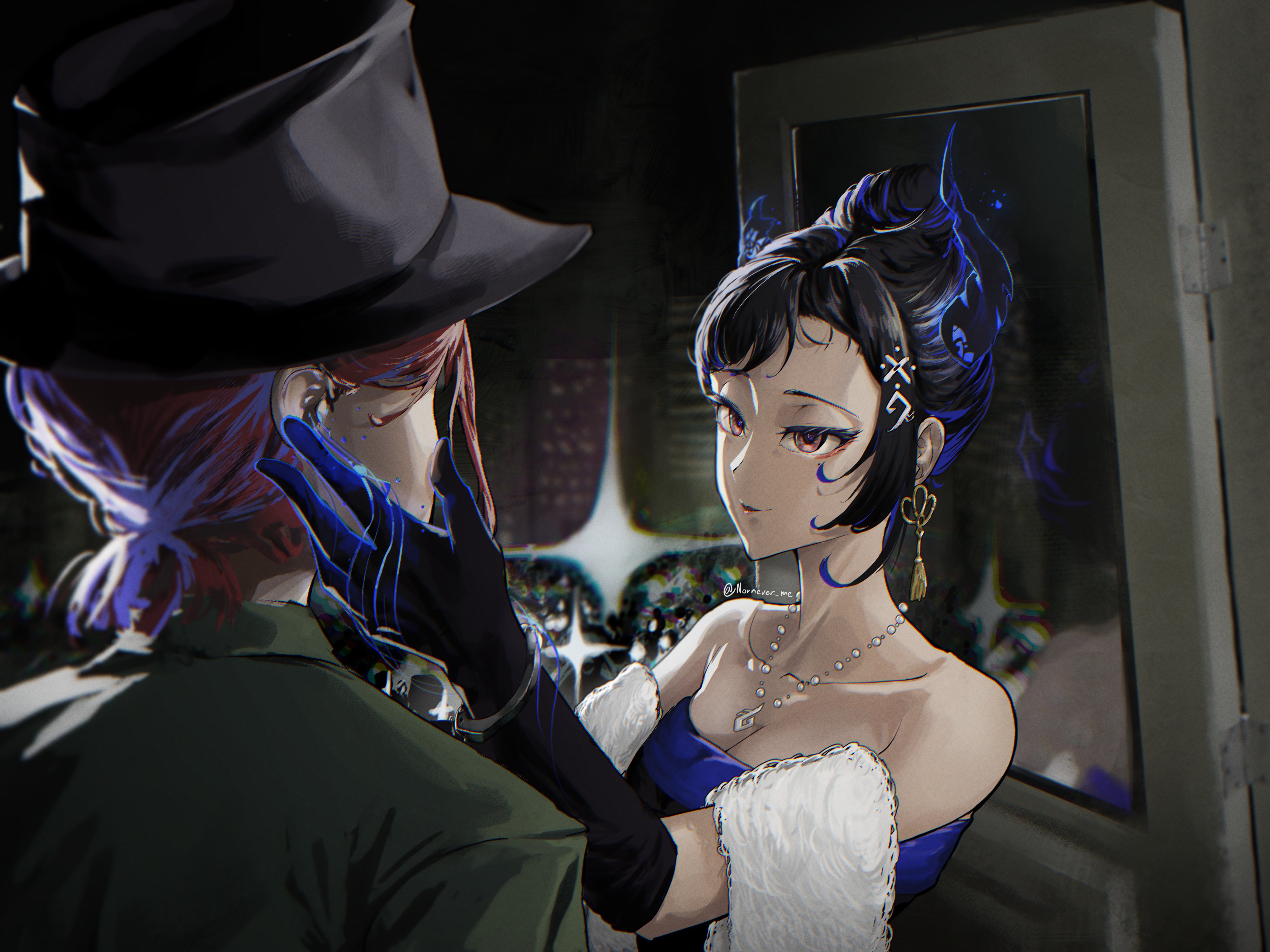 nornever me, elizabeth rose bloodflame, nerissa ravencroft, hololive, hololive english, absurdres, highres, 2girls, alternate costume, asymmetrical horns, black gloves, black hair, black hat, black horns, blue dress, blue hair, breasts, cleavage, dress, elbow gloves, gloves, green jacket, hat, horns, jacket, jewelry, medium breasts, multicolored hair, multiple girls, necklace, red eyes, suit jacket, two-tone hair, virtual youtuber