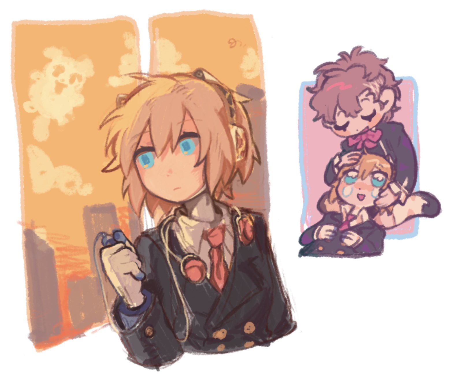 aigis (persona), shiomi kotone, persona, persona 3, persona 3 portable, commentary request, highres, korean commentary, 2girls, blonde hair, blue eyes, brown hair, closed mouth, cropped torso, digital media player, gekkoukan high school uniform, hands on another's head, headphones, headphones around neck, holding digital media player, kneeling, lap pillow, long sleeves, looking at another, looking outside, multiple girls, multiple views, necktie, open mouth, orange sky, red necktie, school uniform, short hair, simple background, sky, smile, tears, upper body, white background, xikq0py