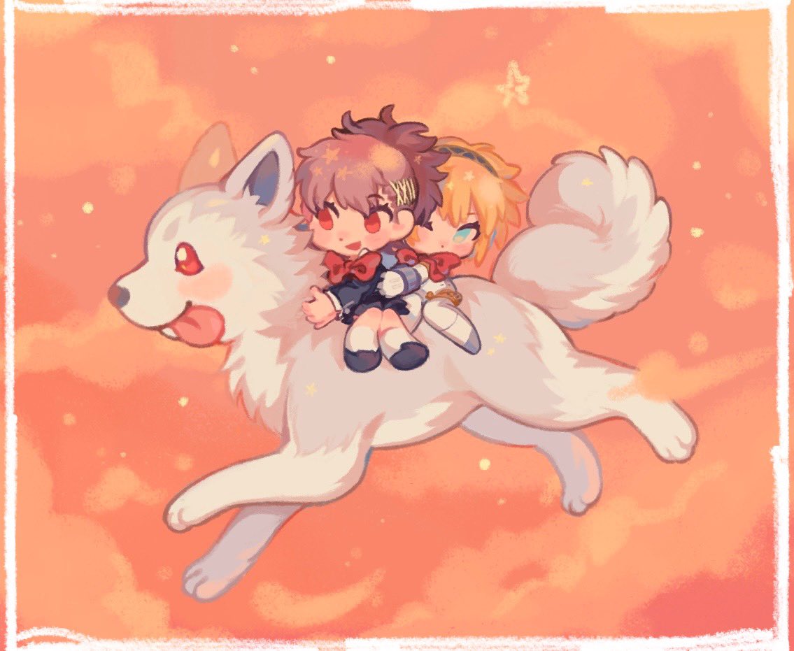 aigis (persona), koromaru (persona), shiomi kotone, persona, persona 3, persona 3 portable, commentary request, korean commentary, 2girls, android, animal, blonde hair, blue eyes, bow, bowtie, brown hair, chibi, cloud, dog, full body, gekkoukan high school uniform, hair ornament, hairclip, joints, long sleeves, multiple girls, one eye closed, open mouth, orange sky, red bow, red bowtie, red eyes, riding, riding animal, robot joints, school uniform, short hair, sitting, sitting on animal, sky, smile, tongue, tongue out, x hair ornament, xikq0py
