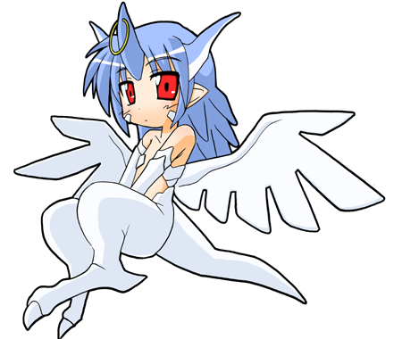 friedrich (nanoha), lyrical nanoha, mahou shoujo lyrical nanoha, mahou shoujo lyrical nanoha strikers, gender request, lowres, 00s, 1girl, blue hair, claws, dragon, female focus, gem, genderswap, headpiece, long hair, looking at viewer, personification, simple background, solo, white background, white wings, wings