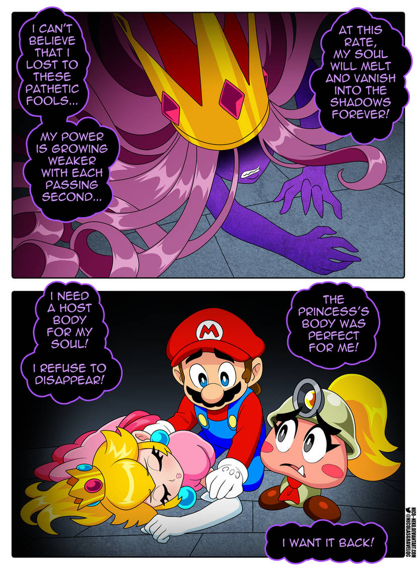 nico-neko, goombella, mario, princess peach, shadow queen, mario (series), nintendo, paper mario, paper mario: the thousand-year door, commentary, english commentary, non-web source, blonde hair, blue eyes, blush, boots, breasts, cleavage, collar, colored skin, crown, curly hair, dress, earrings, elbow gloves, english text, facial hair, gloves, hat, jewelry, knockout, long hair, multiple girls, mustache, open mouth, pink hair, ponytail, purple skin, simple background, teeth, white gloves, worried